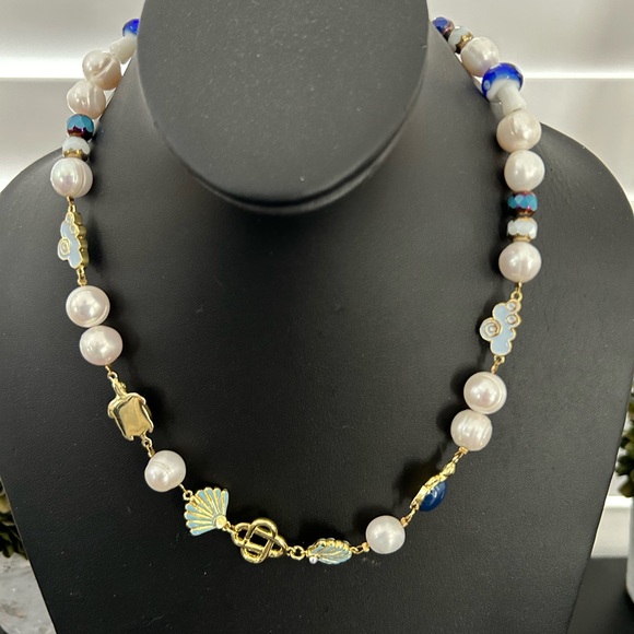 Castablanca Sea Bead & Freshwater Pearl Short Necklace in Gold/Blue - Picture 1 of 4